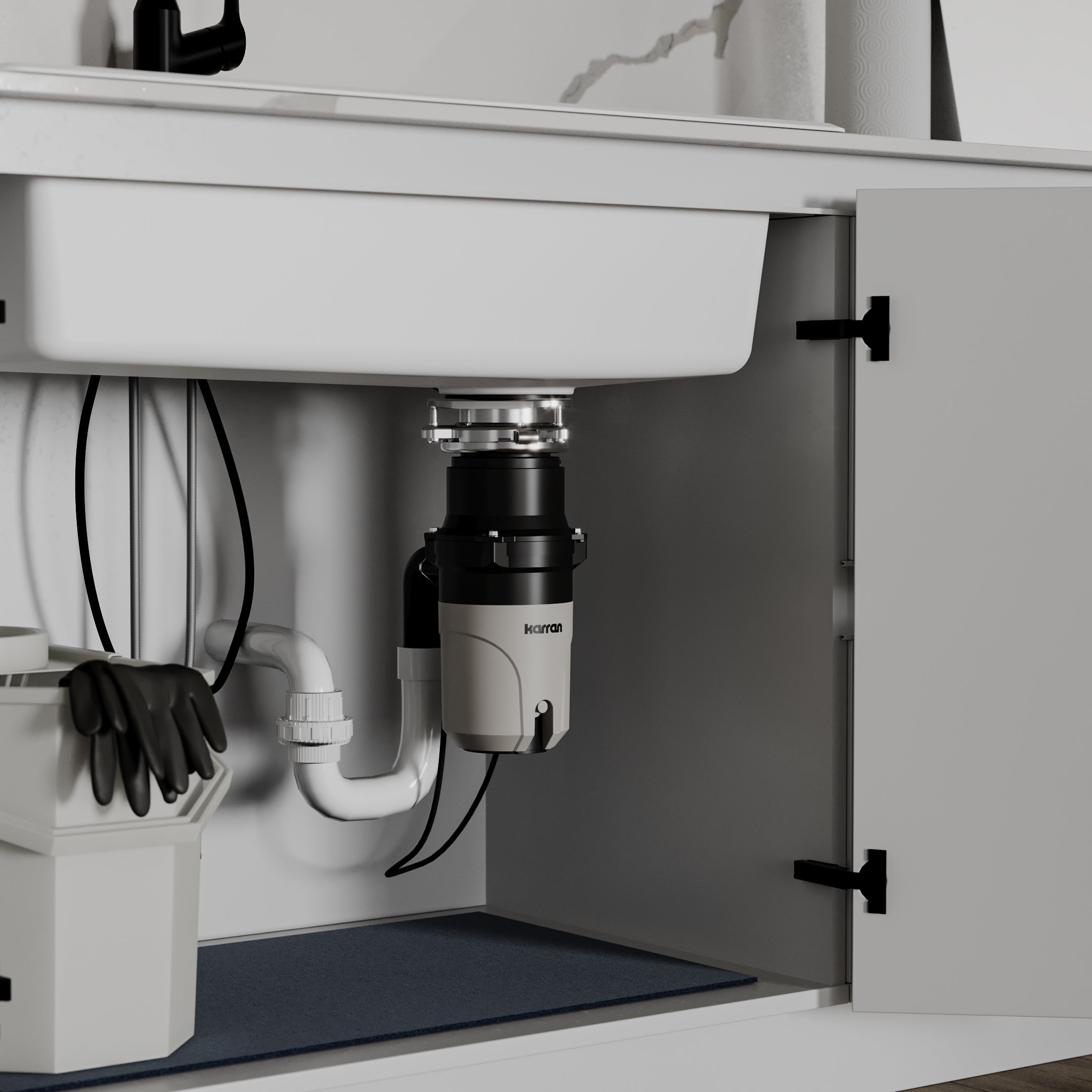 Alternate Image for Karran 1/3 HP Continuous Feed Garbage Disposal for Kitchen Sinks with Power Cord and Accessories Included, Stainless Steel, Black and Grey, KGD230