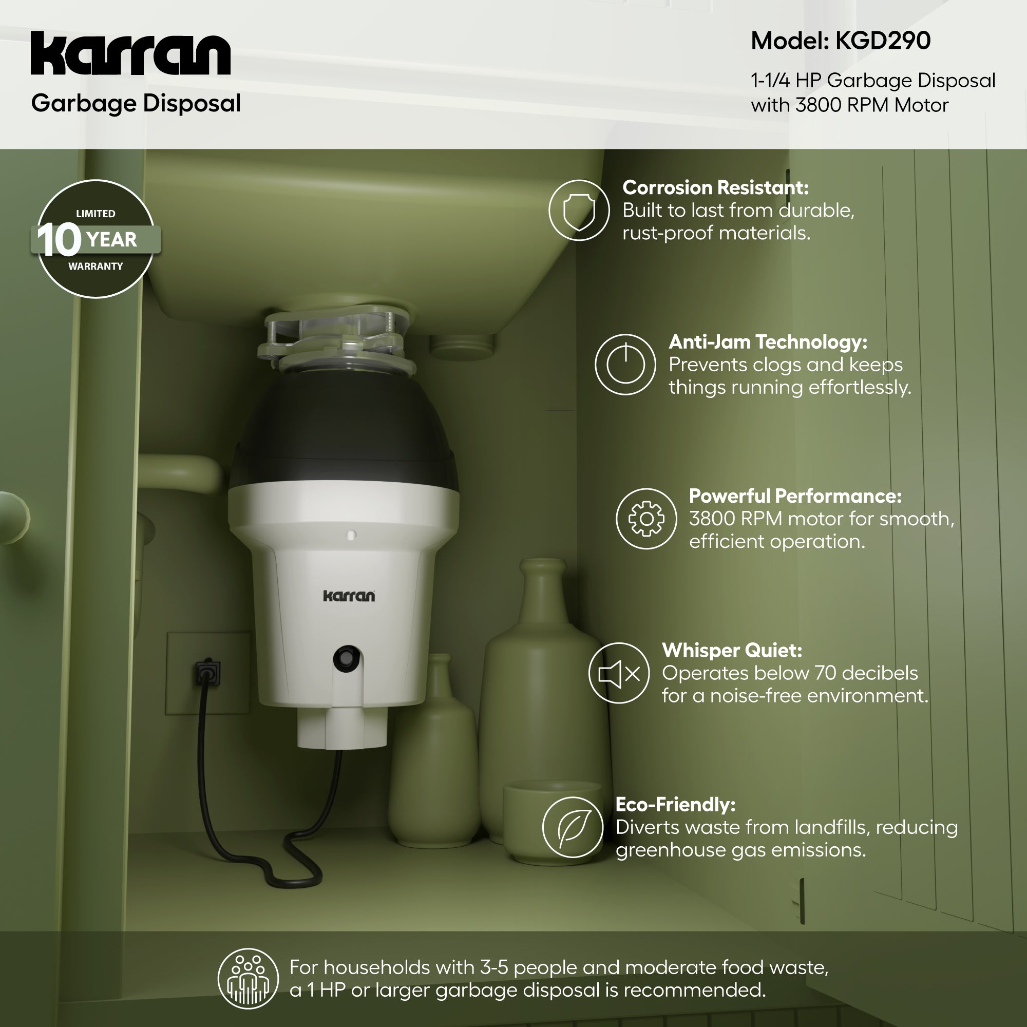 Karran 1-1/4 HP Continuous Feed Garbage Disposal for Kitchen Sinks with Power Cord and Accessories included, Stainless Steel, Black and Grey, KGD290