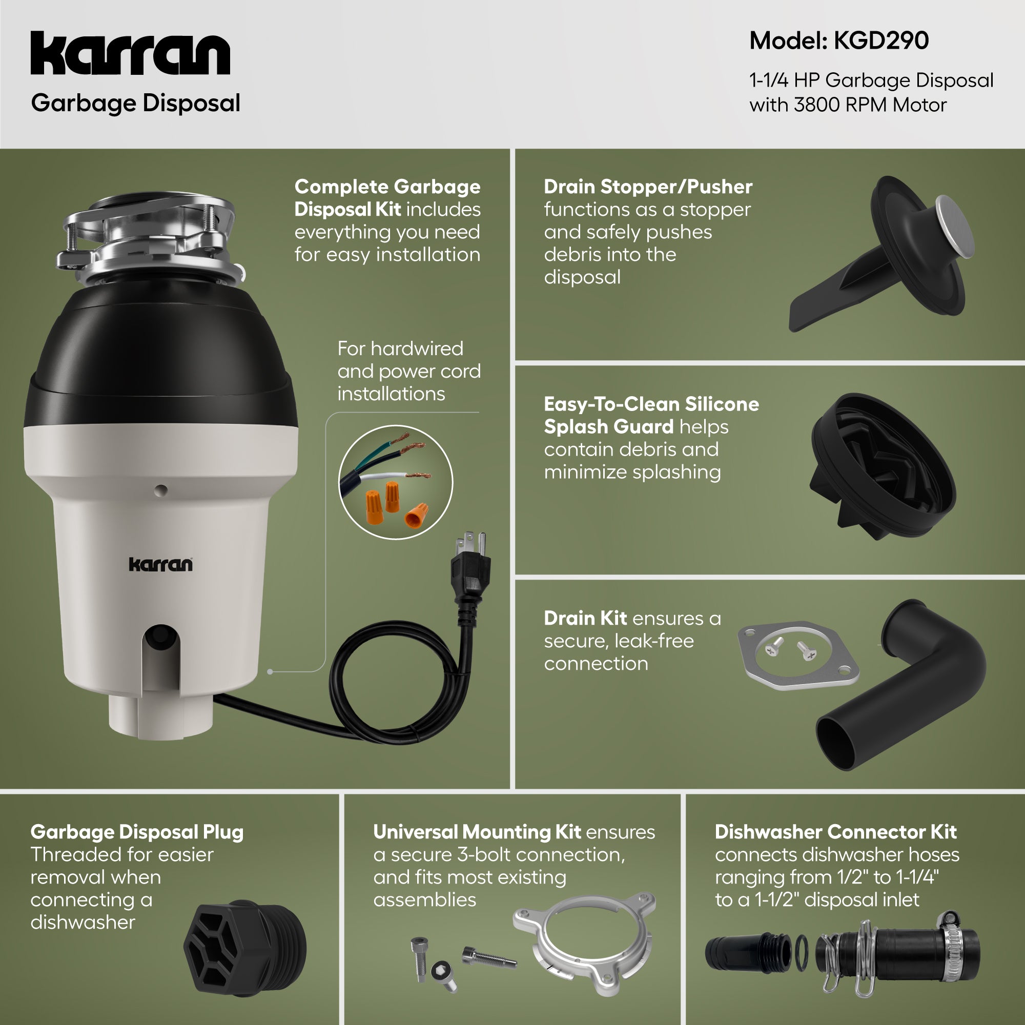 Karran 1-1/4 HP Continuous Feed Garbage Disposal for Kitchen Sinks with Power Cord and Accessories included, Stainless Steel, Black and Grey, KGD290