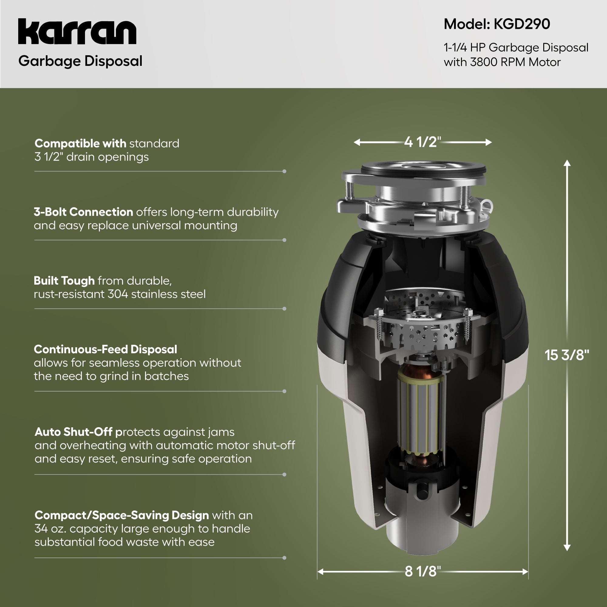 Karran 1-1/4 HP Continuous Feed Garbage Disposal for Kitchen Sinks with Power Cord and Accessories included, Stainless Steel, Black and Grey, KGD290