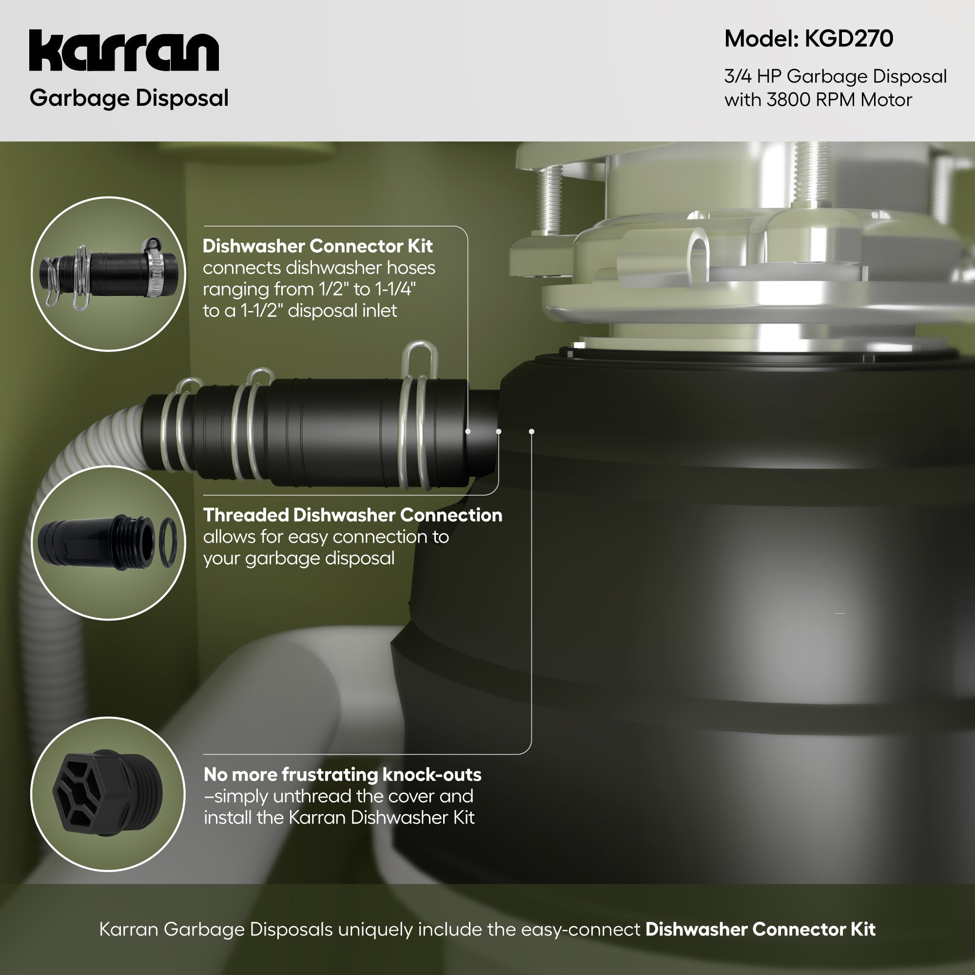Alternate Image for Karran 3/4 HP Continuous Feed Garbage Disposal for Kitchen Sinks with Power Cord and Accessories Included, Stainless Steel, Black and Grey, KGD270