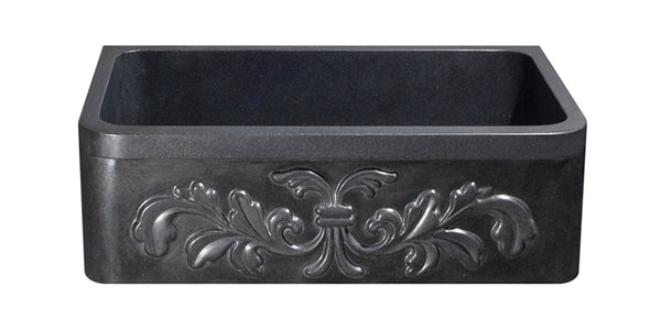 30" Black Granite Stone Farmhouse Kitchen Sink, Single Bowl, Floral Front, KF302010SB-F2-BK