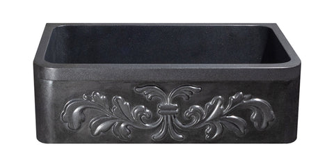 33" Black Granite Stone Farmhouse Kitchen Sink, Single Bowl, Floral Front, KF332010SB-F2-BK