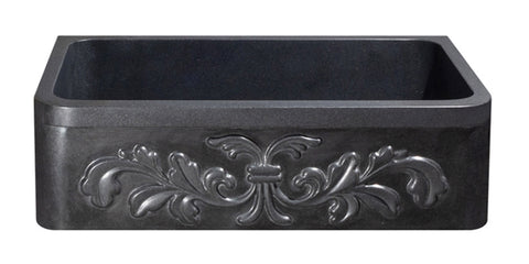 36" Stone Farmhouse Kitchen Sink, Floral Carving Apron Front, Black Granite, Black, KF362010SB-F2-BK