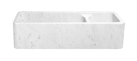 42" Carrara White Marble Farmhouse Kitchen Sink, 70/30 Double Bowl, Reversible, KF422010DB-NLP-7030-CW