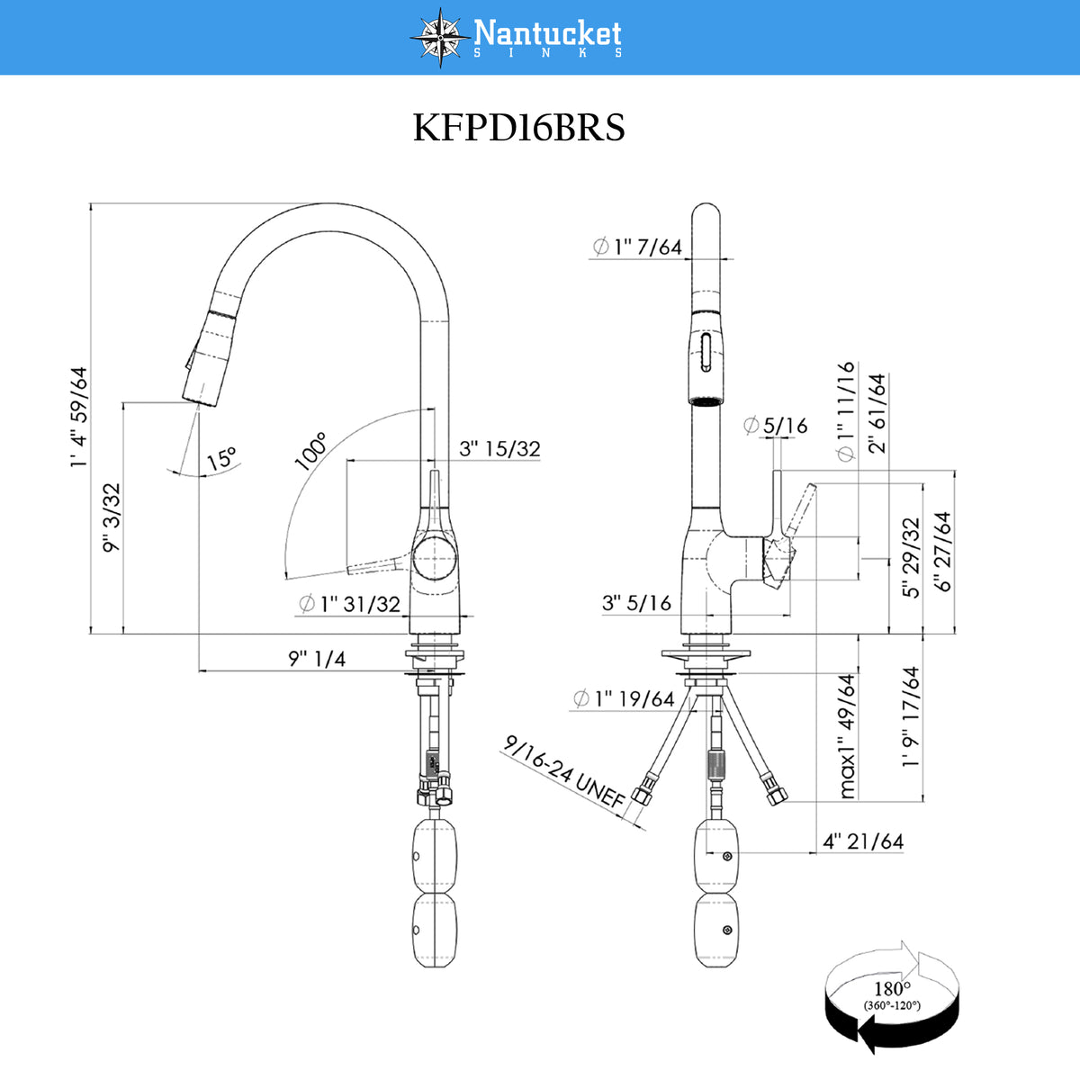 Nantucket Sinks Premium Kitchen 1.75 GPM Lever Stainless Steel Kitchen Faucet, Lever, KFPD16BRS