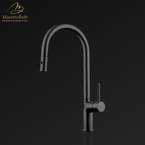 MaestroBath 1.8 GPM Aura Modern ADA Kitchen Faucet With 2 Jets, Black, Lead-Free Brass, Matt Black, KIT-AUR-BLK