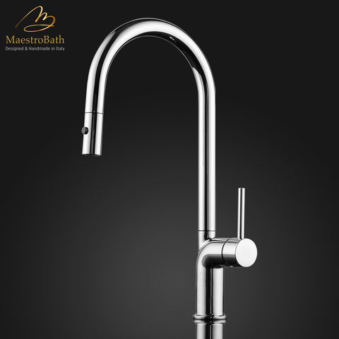 MaestroBath 1.8 GPM Aura Modern ADA Kitchen Faucet With 2 Jets, Chrome, Lead-Free Brass, Polished Chrome, KIT-AUR-CHR