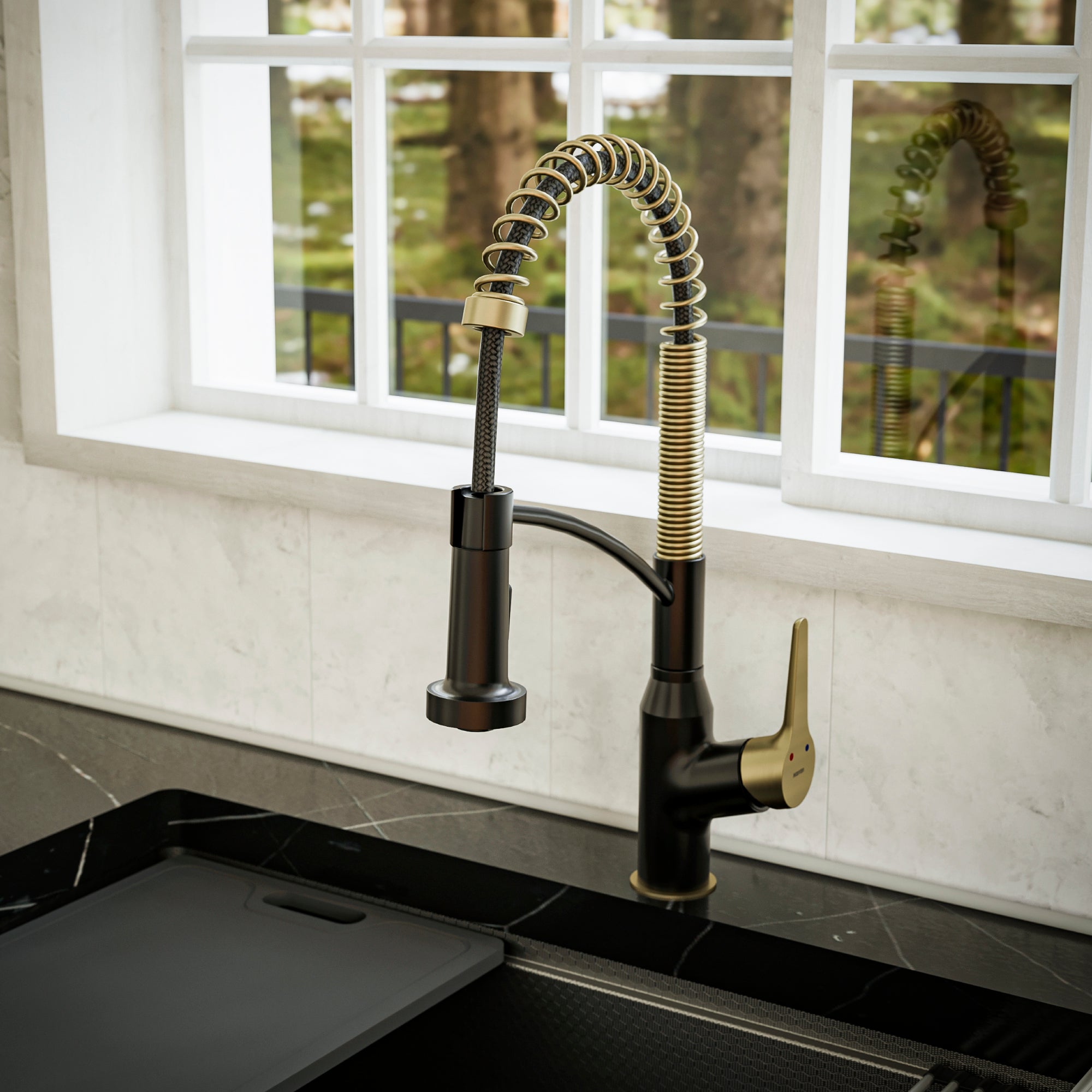 Karran Scottsdale 1.8 GPM Single Lever Handle Lead-free Brass ADA Kitchen Faucet, Pull-Down, Matte Black & Brushed Gold, KKF210MBBG
