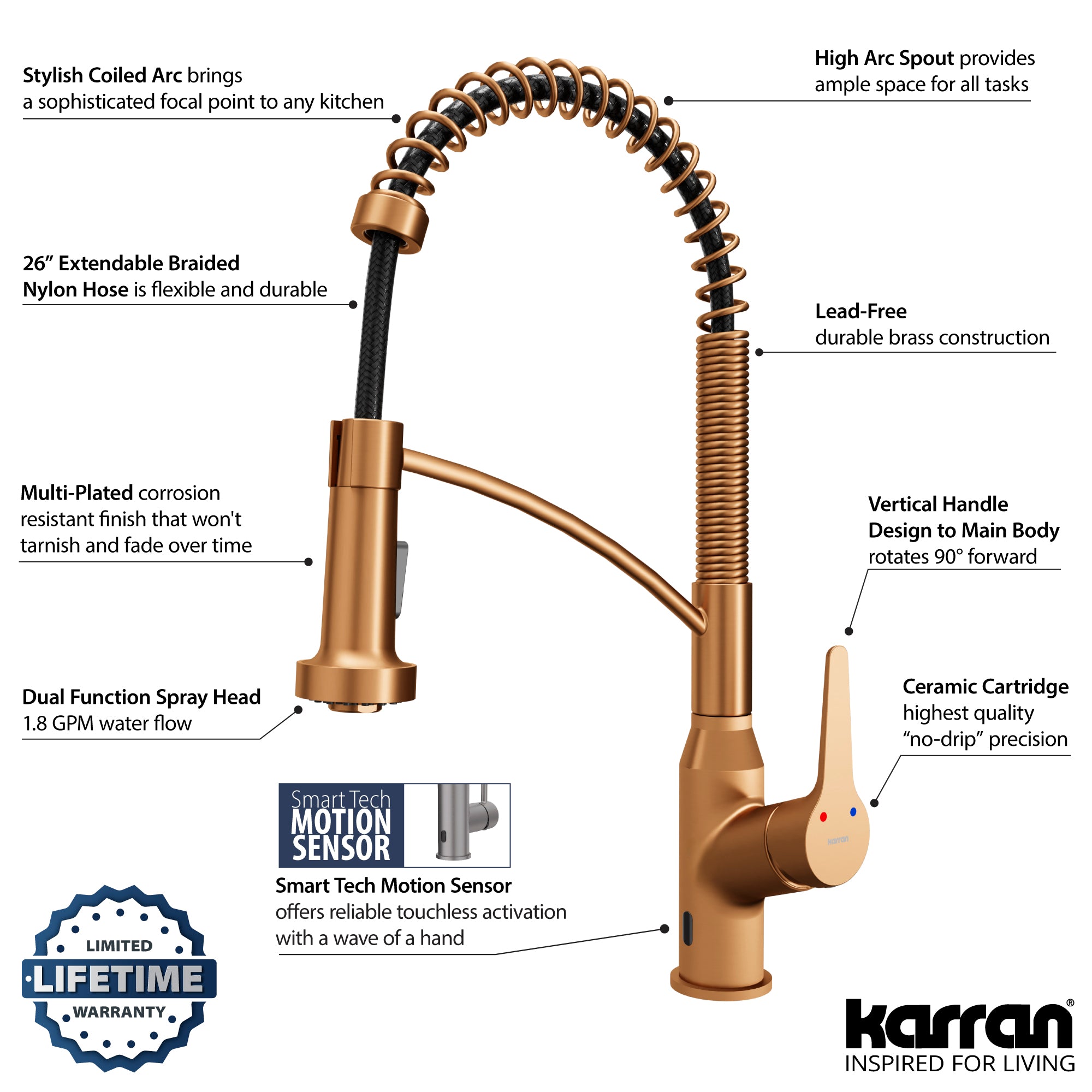 Karran Alston 1.8 GPM Single Lever Handle Lead-free Brass ADA Touchless Kitchen Faucet, Pull-Down, Brushed Copper, KKF215BC