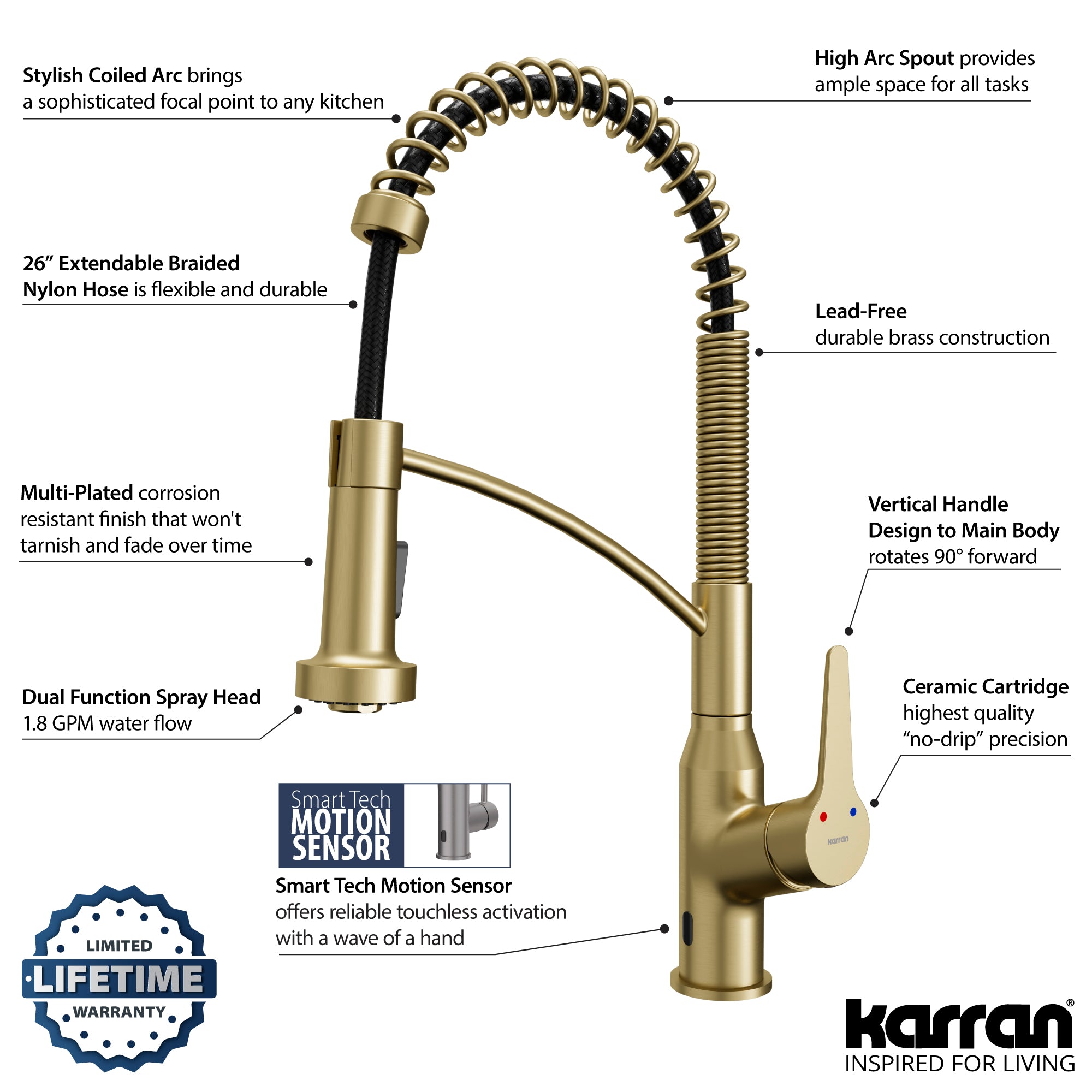 Karran Alston 1.8 GPM Single Lever Handle Lead-free Brass ADA Touchless Kitchen Faucet, Pull-Down, Brushed Gold, KKF215BG