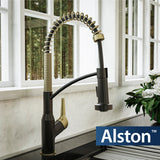 Karran Alston 1.8 GPM Single Lever Handle Lead-free Brass ADA Touchless Kitchen Faucet, Pull-Down, Matte Black & Brushed Gold, KKF215MBBG