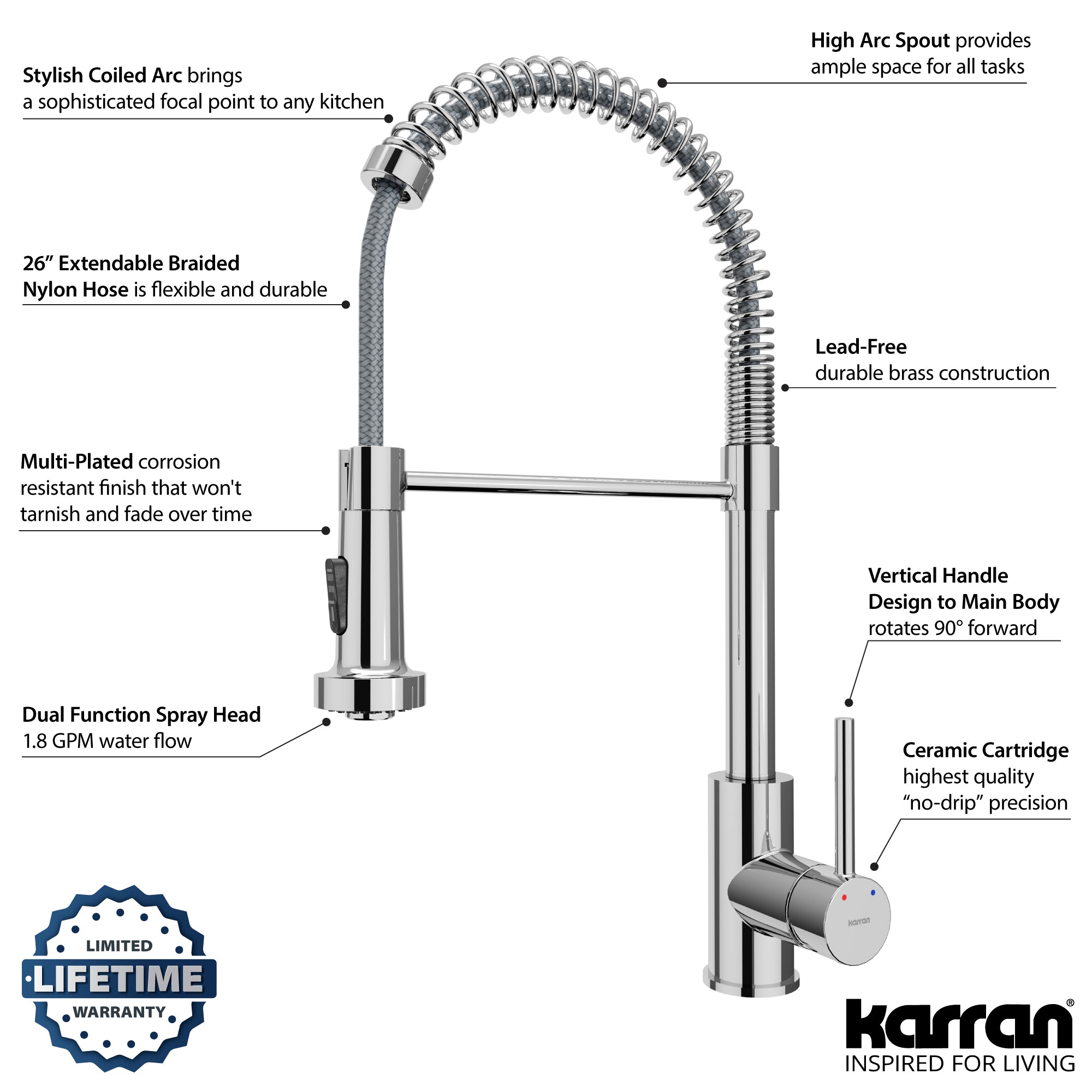 Karran Kadira 1.8 GPM Single Lever Handle Lead-free Brass ADA Kitchen Faucet, Pull-Down, Chrome, KKF225C