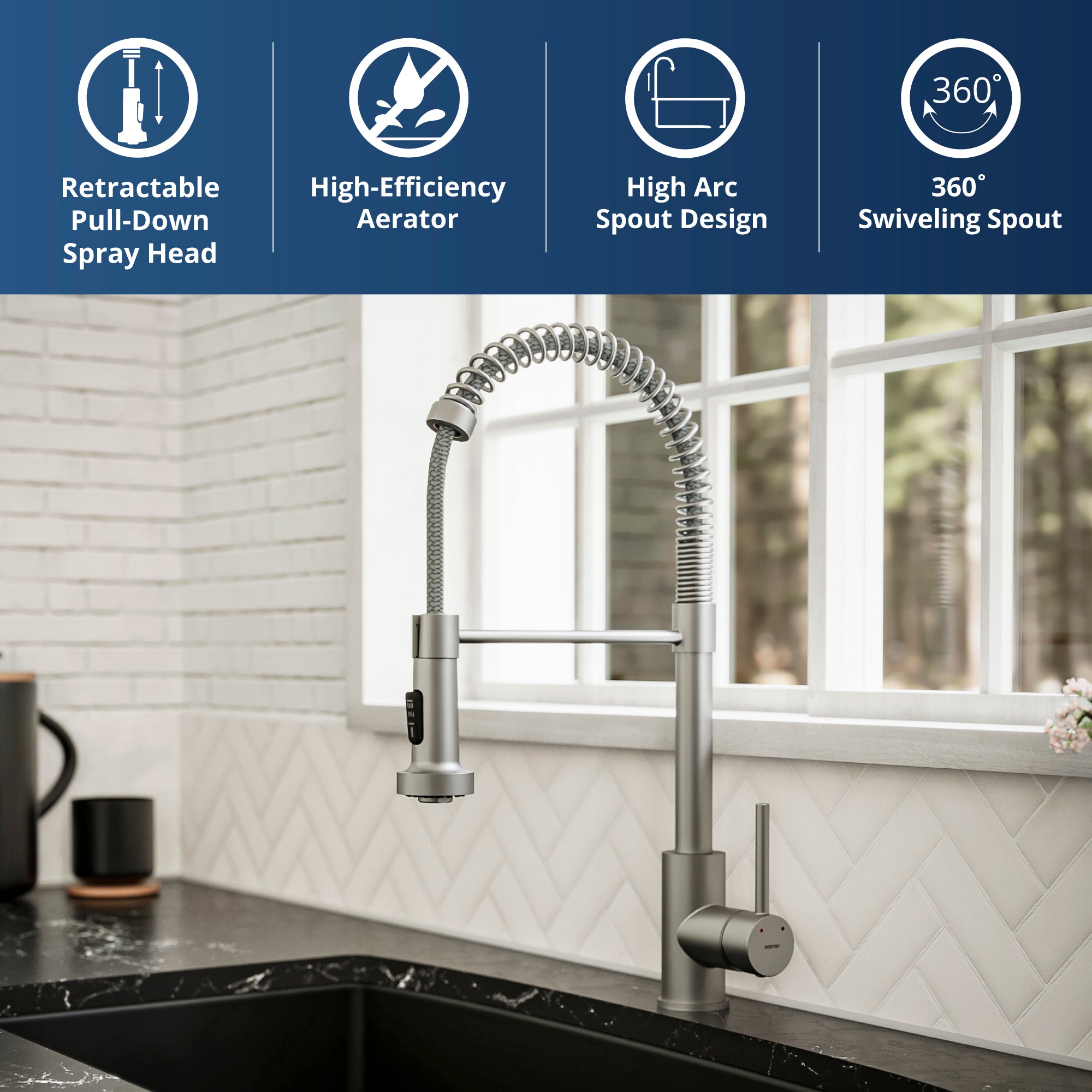 Karran Kadira 1.8 GPM Single Lever Handle Lead-free Brass ADA Kitchen Faucet, Pull-Down, Stainless Steel, KKF225SS
