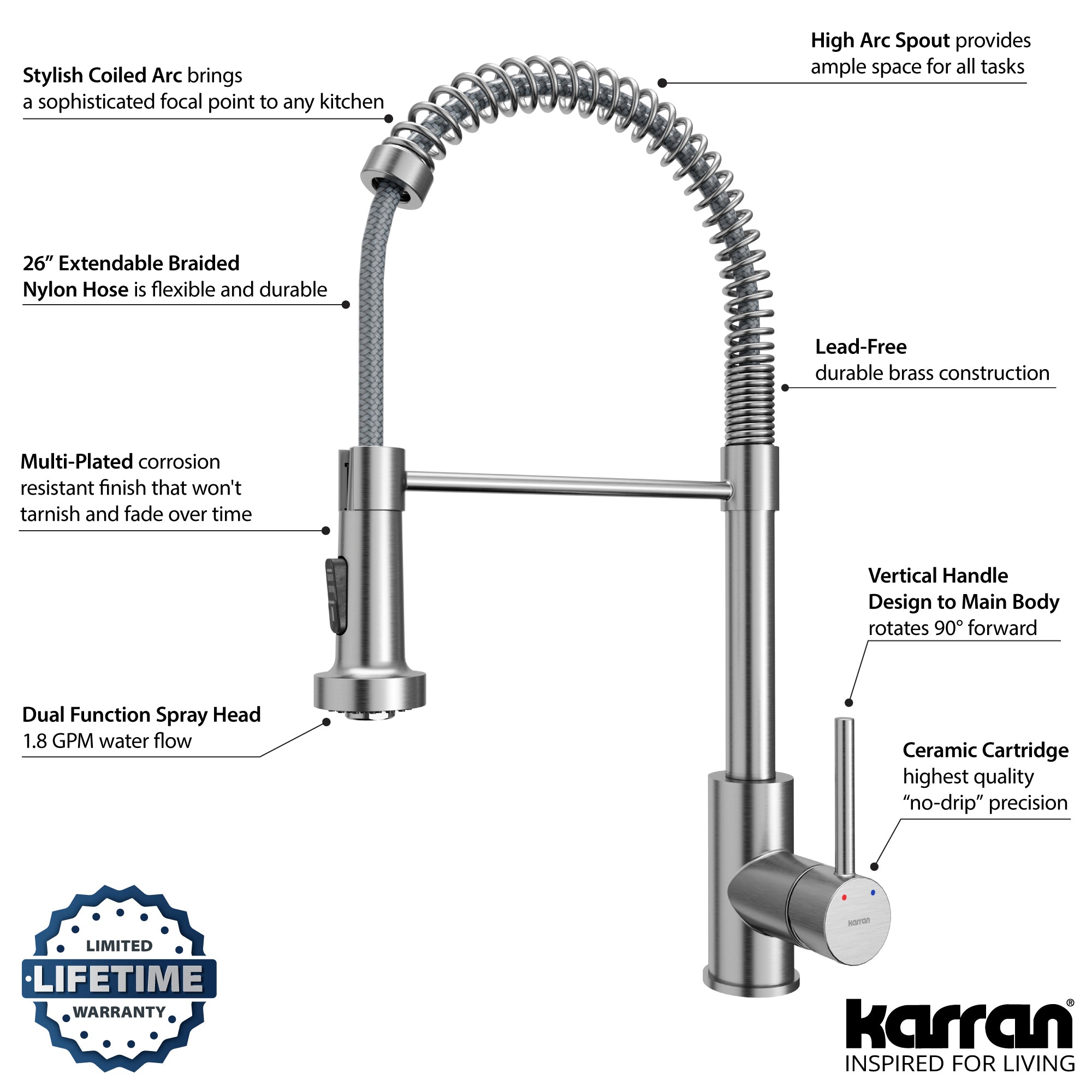 Karran Kadira 1.8 GPM Single Lever Handle Lead-free Brass ADA Kitchen Faucet, Pull-Down, Stainless Steel, KKF225SS