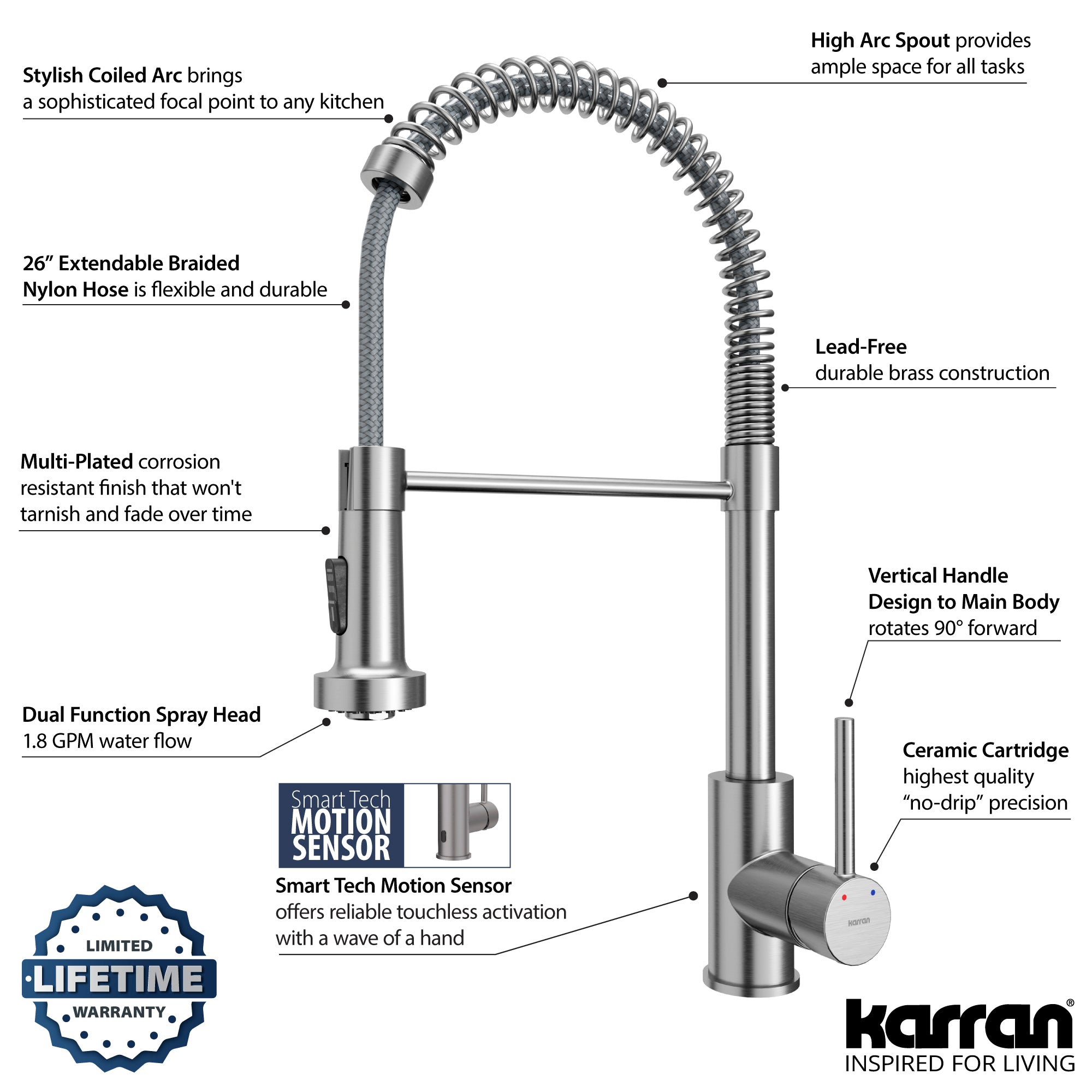 Karran Loxton 1.8 GPM Single Lever Handle Lead-free Brass ADA Touchless Kitchen Faucet, Pull-Down, Stainless Steel, KKF228SS