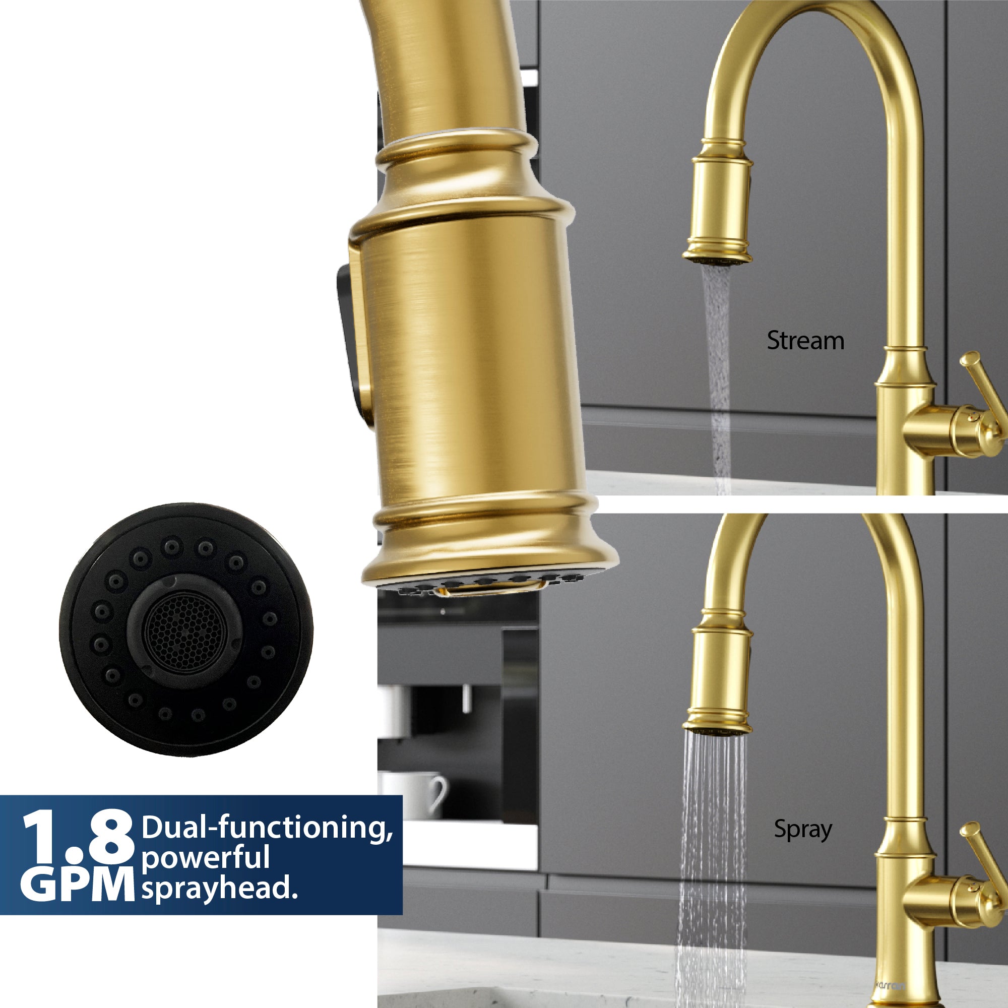 Karran Auburn 1.8 GPM Single Lever Handle Lead-free Brass ADA Kitchen Faucet, Pull-Down Kitchen, Brushed Gold, KKF310BG