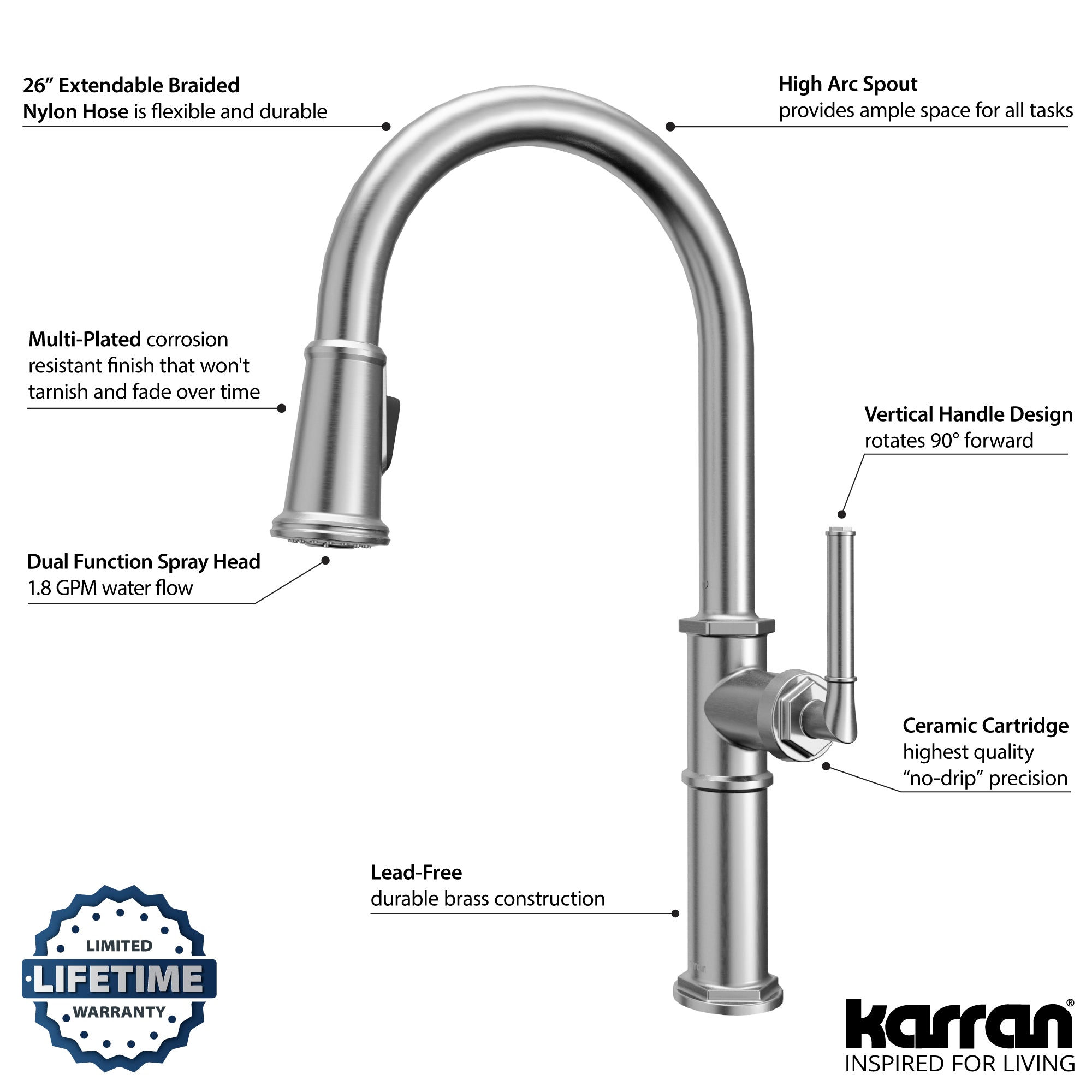 Karran Brampton 1.8 GPM Single Lever Handle Lead-free Brass ADA Kitchen Faucet, Pull-Down, Stainless Steel, KKF365SS