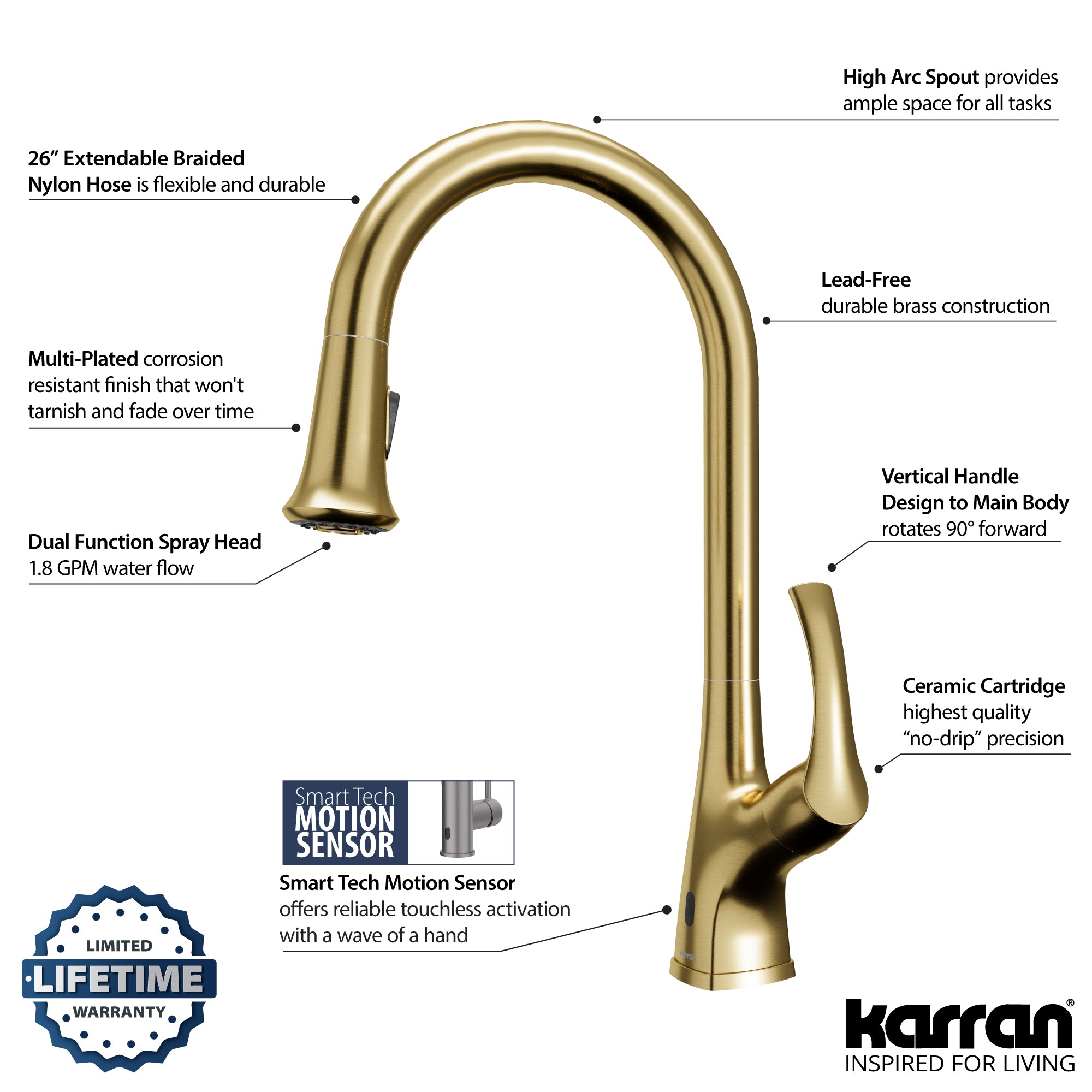 Karran Chantilly 1.8 GPM Single Lever Handle Lead-free Brass ADA Touchless Kitchen Faucet, Pull-Down, Brushed Gold, KKF375BG