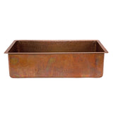 Premier Copper Products 33" Antique Hammered Copper Kitchen Single Basin Sink with Matching Drain and Accessories, Antique Copper, KSP3_KSB33199