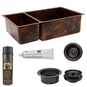 Alternate Image for Premier Copper Products 33" Hammered Copper Kitchen 25/75 Double Basin Sink with Matching Drains, and Accessories, Oil Rubbed Bronze, KSP3_K25DB33199