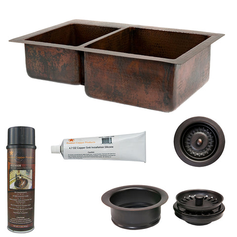 Premier Copper Products 33" Hammered Copper Kitchen 40/60 Double Basin Sink with Matching Drains, and Accessories, Oil Rubbed Bronze, KSP3_K40DB33229