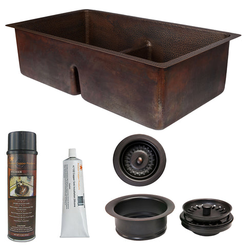 Premier Copper Products 33" Hammered Copper Kitchen 50/50 Double Basin Sink with Short 5" Divider w/ Matching Drains and Accessories, Oil Rubbed Bronze, KSP3_K50DB33199-SD5