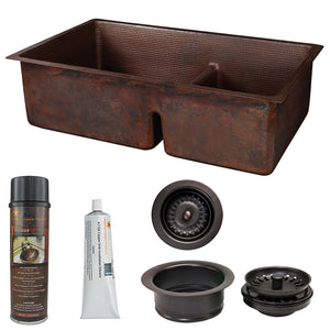Alternate Image for Premier Copper Products 33" Hammered Copper Kitchen 60/40 Double Basin Sink with Short 5" Divider w/ Matching Drains and Accessories, Oil Rubbed Bronze, KSP3_K60DB33199-SD5