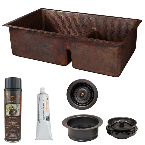 Premier Copper Products 33" Hammered Copper Kitchen 60/40 Double Basin Sink with Short 5" Divider w/ Matching Drains and Accessories, Oil Rubbed Bronze, KSP3_K60DB33199-SD5