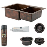 Premier Copper Products 33" Hammered Copper Kitchen 60/40 Double Basin Sink with Matching Drains, and Accessories, Oil Rubbed Bronze, KSP3_K60DB33229