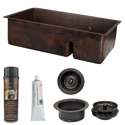 Premier Copper Products 33" Hammered Copper Kitchen 70/30 Double Basin Sink with Short 5" Divider w/ Matching Drains and Accessories, Oil Rubbed Bronze, KSP3_K70DB33199-SD5