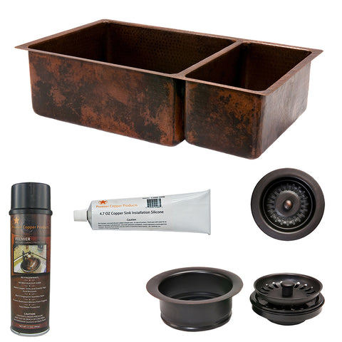 Premier Copper Products 33" Hammered Copper Kitchen 75/25 Double Basin Sink with Matching Drains, and Accessories, Oil Rubbed Bronze, KSP3_K75DB33199