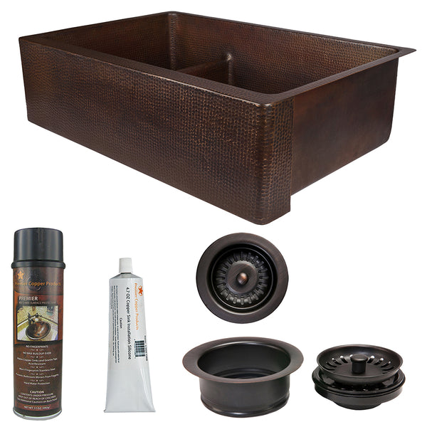 Premier Copper Products 33" Hammered Copper Kitchen Apron 30/70 Double Basin Farmhouse Sink with Short 5" Divider w/ Matching Drains and Accessories, Oil Rubbed Bronze, KSP3_KA30DB33229-SD5