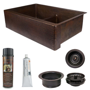 Alternate Image for Premier Copper Products 33" Hammered Copper Kitchen Apron 50/50 Double Basin Farmhouse Sink with Short 5" Divider w/ Matching Drains and Accessories, Oil Rubbed Bronze, KSP3_KA50DB33229-SD5
