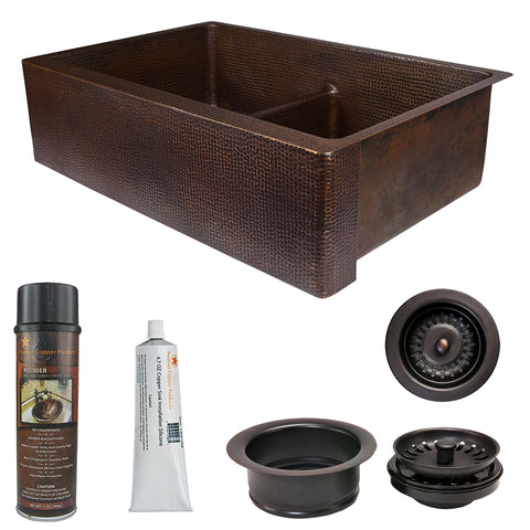 Premier Copper Products 33" Hammered Copper Kitchen Apron 50/50 Double Basin Farmhouse Sink with Short 5" Divider w/ Matching Drains and Accessories, Oil Rubbed Bronze, KSP3_KA50DB33229-SD5