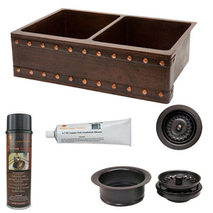 Alternate Image for Premier Copper Products 33" Hammered Copper Kitchen Apron 50/50 Double Basin Farmhouse Sink w/ Barrel Strap Design with Matching Drains, and Accessories, Oil Rubbed Bronze, KSP3_KA50DB33229BS