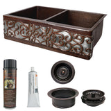 Premier Copper Products 33" Hammered Copper Kitchen Apron 50/50 Double Basin Farmhouse Sink w/ Scroll Design and Apron Front Nickel Background with Matching Drains, and Accessories, Oil Rubbed Bronze and Nickel, KSP3_KA50DB33229S-NB