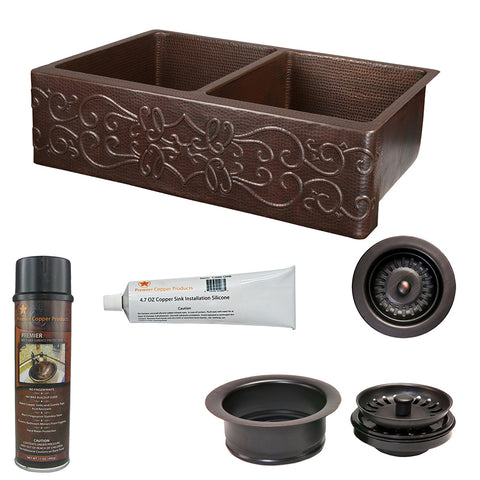 Premier Copper Products 33" Hammered Copper Kitchen Apron 50/50 Double Basin Farmhouse Sink w/ Scroll Design with Matching Drains, and Accessories, Oil Rubbed Bronze, KSP3_KA50DB33229S