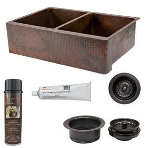 Alternate Image for Premier Copper Products 33" Hammered Copper Kitchen Apron 50/50 Double Basin Farmhouse Sink with Matching Drains, and Accessories, Oil Rubbed Bronze, KSP3_KA50DB33229