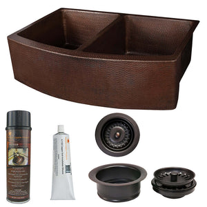 Alternate Image for Premier Copper Products 33" Hammered Copper Kitchen Rounded Apron 50/50 Double Basin Farmhouse Sink with Matching Drain and Accessories, Oil Rubbed Bronze, KSP3_KA50RDB33249