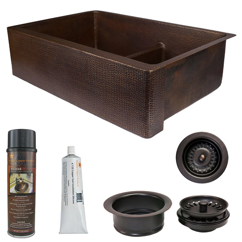 Premier Copper Products 33" Hammered Copper Kitchen Apron 60/40 Double Basin Farmhouse Sink with Short 5" Divider w/ Matching Drains and Accessories, Oil Rubbed Bronze, KSP3_KA60DB33229-SD5