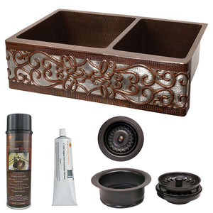 Alternate Image for Premier Copper Products 33" Hammered Copper Kitchen Apron 60/40 Double Basin Farmhouse Sink w/ Scroll Design and Apron Front Nickel Background w/ Matching Drains and Accessories, Oil Rubbed Bronze and Nickel, KSP3_KA60DB33229S-NB