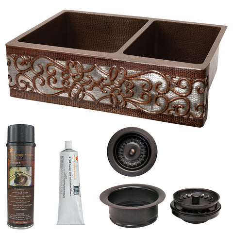 Premier Copper Products 33" Hammered Copper Kitchen Apron 60/40 Double Basin Farmhouse Sink w/ Scroll Design and Apron Front Nickel Background w/ Matching Drains and Accessories, Oil Rubbed Bronze and Nickel, KSP3_KA60DB33229S-NB