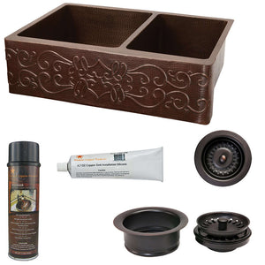 Alternate Image for Premier Copper Products 33" Hammered Copper Kitchen Apron 60/40 Double Basin Farmhouse Sink w/ Scroll Design with Matching Drains, and Accessories, Oil Rubbed Bronze, KSP3_KA60DB33229S
