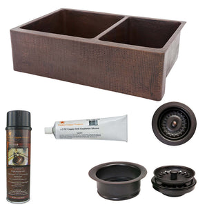 Alternate Image for Premier Copper Products 33" Hammered Copper Kitchen Apron 60/40 Double Basin Farmhouse Sink with Matching Drains, and Accessories, Oil Rubbed Bronze, KSP3_KA60DB33229