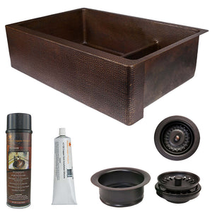 Alternate Image for Premier Copper Products 33" Hammered Copper Kitchen Apron 70/30 Double Basin Farmhouse Sink with Short 5" Divider w/ Matching Drains and Accessories, Oil Rubbed Bronze, KSP3_KA70DB33229-SD5