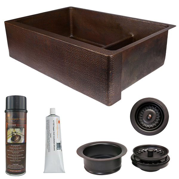 Premier Copper Products 33" Hammered Copper Kitchen Apron 70/30 Double Basin Farmhouse Sink with Short 5" Divider w/ Matching Drains and Accessories, Oil Rubbed Bronze, KSP3_KA70DB33229-SD5