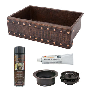 Alternate Image for Premier Copper Products 30" Hammered Copper Kitchen Apron Single Basin Farmhouse Sink w/ Barrel Strap Design with Matching Drain and Accessories, Oil Rubbed Bronze, KSP3_KASDB30229BS