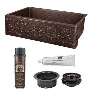Alternate Image for Premier Copper Products 30" Hammered Copper Kitchen Apron Single Basin Farmhouse Sink with Scroll Design with Matching Drain and Accessories, Oil Rubbed Bronze, KSP3_KASDB30229S