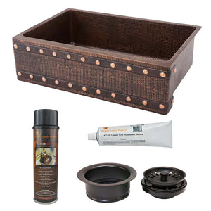 Alternate Image for Premier Copper Products 33" Hammered Copper Kitchen Apron Single Basin Farmhouse Sink w/ Barrel Strap Design with Matching Drain and Accessories, Oil Rubbed Bronze, KSP3_KASDB33229BS